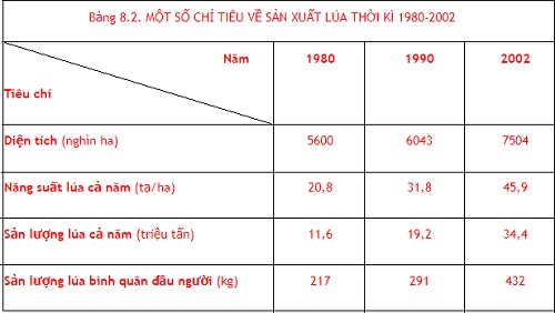 Dựa vào bảng 8.2, hãy trình bày các thành tựu chủ yếu trong sản xuất lúa thời kì 1980 – 2002?